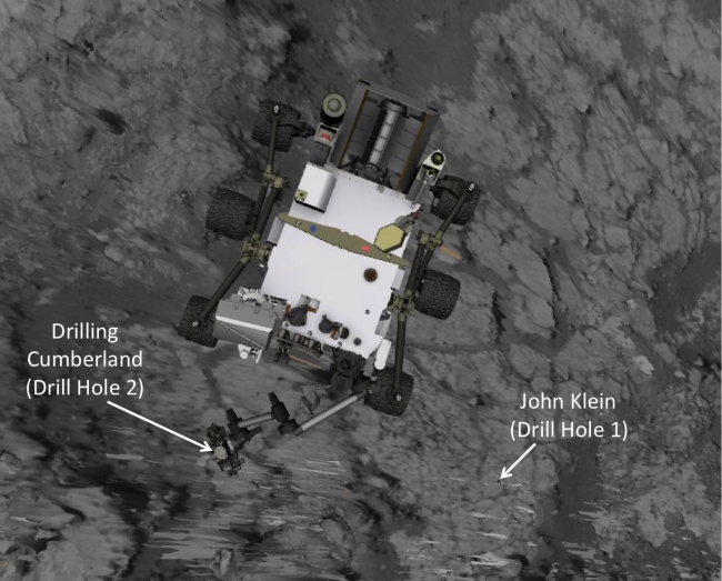 Position of Curiosity for Drilling at 'Cumberland', This image produced from software used for planning drives of NASA's Mars rover Curiosity depicts the location and size of the rover when it was driven into ...