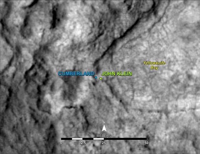 'Cumberland' Selected as Curiosity's Second Drilling Target, This map shows the location of "Cumberland," the second rock-drilling target for NASA's Mars rover Curiosity, in relation to the rover's first drilling targe...
