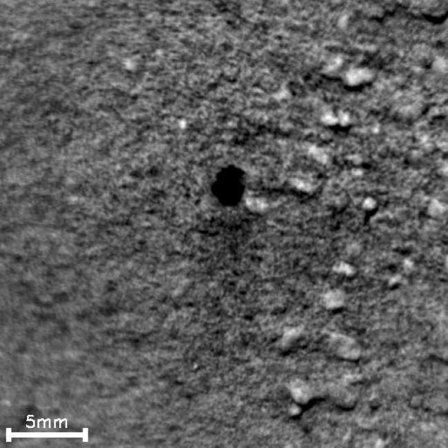 Pitting in Martian Soil During Repeated Laser Shots From Mars Rover, <br><br>Image credits: NASA/JPL-Caltech/LANL/CNES/IRAP/LPGNantes/CNRS/IAS<br>Image released by NASA on 2013-06-17 as catalog id PIA17262