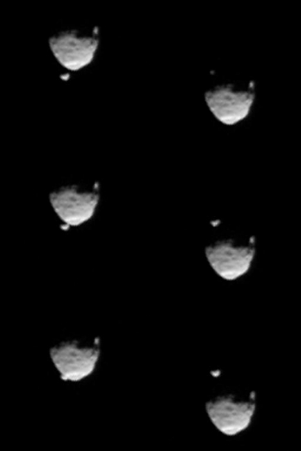 Before and After Occultation of Deimos by Phobos, These six images from NASA's Mars rover Curiosity show the two moons of Mars moments before (left three) and after (right three) the larger moon, Phobos, occ...