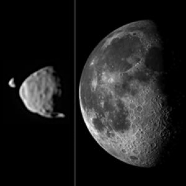 Illustration Comparing Apparent Sizes of Moons, This illustration provides a comparison for how big the moons of Mars appear to be, as seen from the surface of Mars, in relation to the size that Earth's mo...