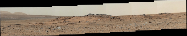 Curiosity Sol 343 Vista With 'Twin Cairns' on Route to Mount Sharp,  This scene combines seven images from the telephoto-lens camera on the right side of the Mast Camera (Mastcam) instrument on NASA's Mars rover Curiosity. Th...