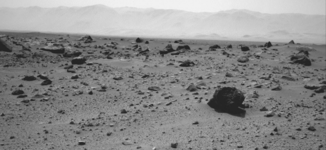 Westward View from Curiosity on Sol 347, NASA's Mars rover Curiosity used the Navigation Camera (Navcam) on its mast to record this westward look on the 347th Martian day, or sol, of the rover's wor...