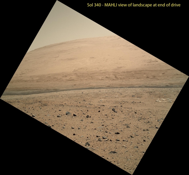 View From Curiosity's Arm-Mounted Camera After a Long Drive, <br><br>Image credits: NASA/JPL-Caltech/MSSS<br>Image released by NASA on 2013-07-23 as catalog id PIA17081