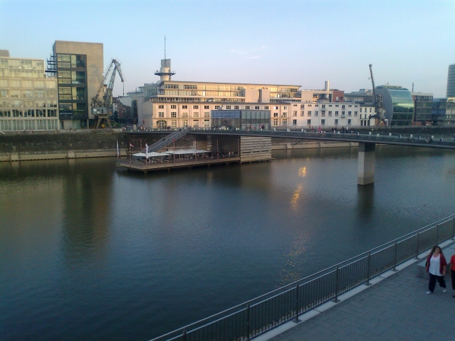 View Easrt from Pebble's terrace, Medienhafen bridge