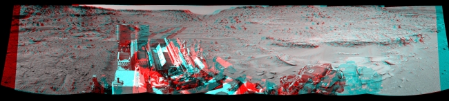 Panoramic View From West of 'Dingo Gap' (Stereo), This stereo scene looking back at where Curiosity crossed a dune at "Dingo Gap" combines several exposures taken by the Navigation Camera (Navcam) high on th...