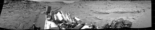 Panoramic View From West of 'Dingo Gap', This scene looking back at where Curiosity crossed a dune at "Dingo Gap" combines several exposures taken by the Navigation Camera (Navcam) high on the rover...