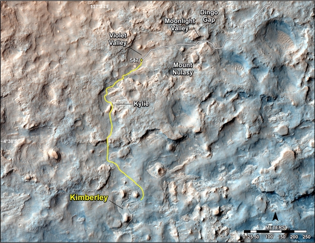 Map of Recent and Planned Driving by Curiosity as of Feb. 18, 2014, This map shows the route driven and route planned for NASA's Curiosity Mars rover from before reaching "Dingo Gap" -- in upper right -- to the mission's next...
