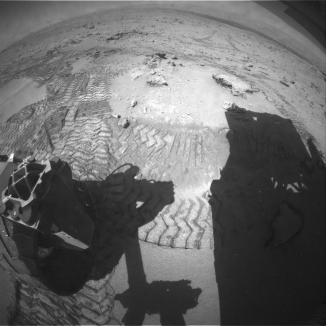Movie of Curiosity's View Backwards While Crossing Dune,  Click here for the animation .  The series of nine images making up this animation were taken by the rear Hazard-Avoidance Camera (rear Hazcam) on NASA's Cu...