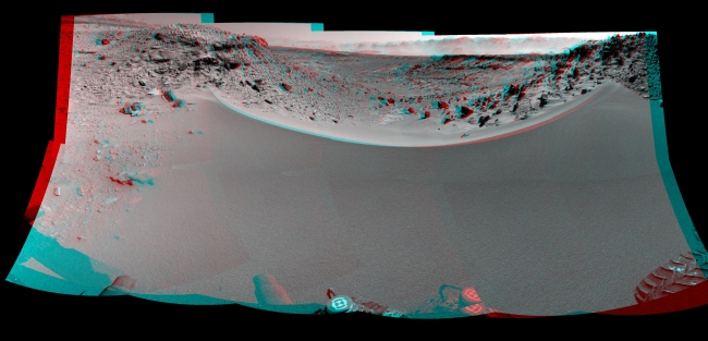 Curiosity's View Past Dune at 'Dingo Gap' (Stereo), This stereo mosaic of images from the Navigation Camera (Navcam) on NASA's Mars rover Curiosity shows the terrain to the west from the rover's position on th...