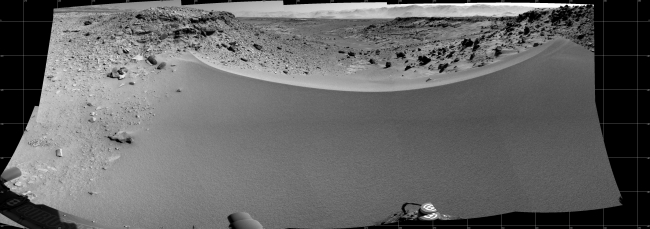 Curiosity's View Past Dune at 'Dingo Gap', This mosaic of images from the Navigation Camera (Navcam) on NASA's Mars rover Curiosity shows the terrain to the west from the rover's position on the 528th...