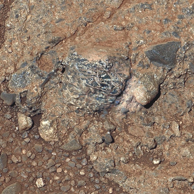 Martian Rock 'Harrison' in Color, Showing Crystals, Figure A Click on the image for larger version This view of a Martian rock target called "Harrison" merges images from two cameras on NASA's Curiosity Mars r...
