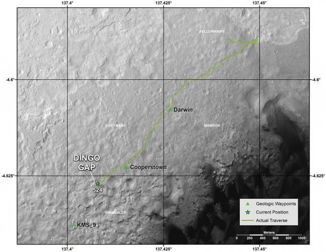 Traverse Map for Mars Rover Curiosity as of Jan. 26, 2014, This map shows the route that NASA's Curiosity Mars rover drove inside Gale Crater from its landing in August 2013 through the 524th Martian day, or sol, of ...