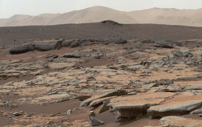 Erosion by Scarp Retreat in Gale Crater, Annotated Version Click on the image for larger version This mosaic of images from the Mast Camera (Mastcam) instrument on NASA's Curiosity Mars rover shows ...