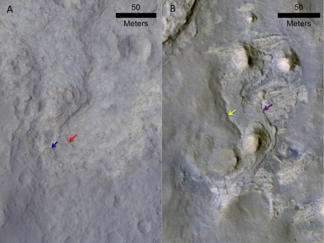 Erosion Patterns May Guide Mars Rover to Rocks Recently Exposed, Images of locations in Gale Crater taken from orbit around Mars reveal evidence of erosion in recent geological times and development of small scarps, or ver...