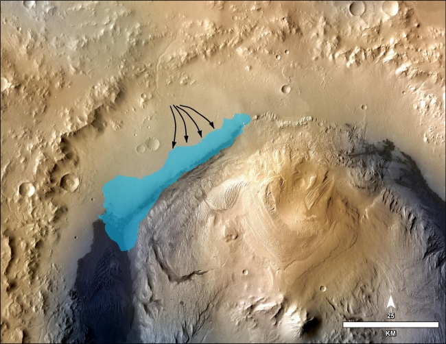 Possible Extent of Ancient Lake in Gale Crater, Mars,  This illustration depicts a concept for the possible extent of an ancient lake inside Gale Crater. The existence of a lake there billions of years ago was c...