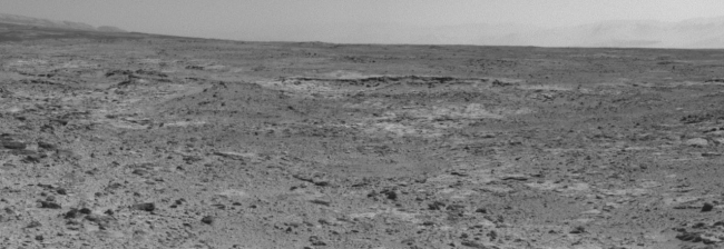 Curiosity's View of "Cooperstown" Outcrop on Route to Mount Sharp, The low ridge that appears as a dark band below the horizon in the center of this scene is a Martian outcrop called "Cooperstown," a possible site for contac...