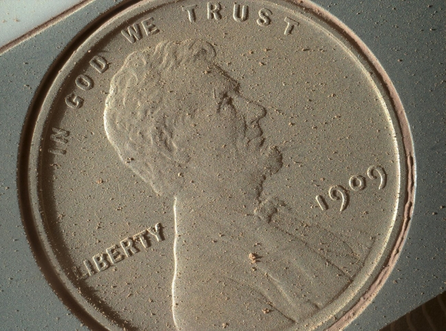 Mars Hand Lens Imager Sends Ultra High-Res Photo from Mars, This image of a U.S. penny on a calibration target was taken by the Mars Hand Lens Imager (MAHLI) aboard NASA's Curiosity rover in Gale Crater on Mars. At 14...