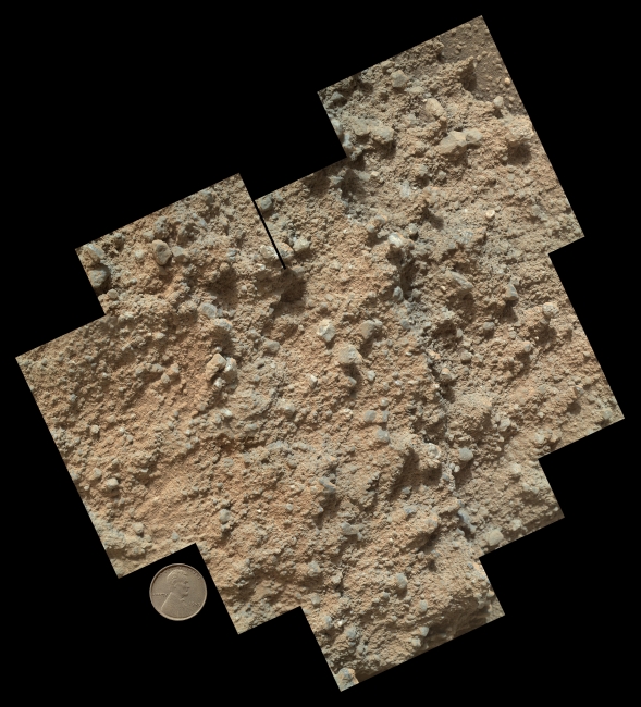 Pebbly Sandstone Conglomerate Rock at Curiosity's 'Waypoint 1', This mosaic of nine images, taken by the Mars Hand Lens Imager (MAHLI) camera on NASA's Mars rover Curiosity, shows detailed texture in a conglomerate rock b...