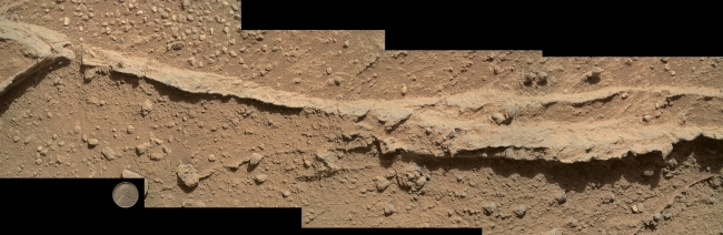 Close-up of Ridge in Rock Outcrop at Curiosity's 'Waypoint 1', This mosaic of four images taken by the Mars Hand Lens Imager (MAHLI) camera on NASA's Mars rover Curiosity shows detailed texture in a ridge that stands hig...