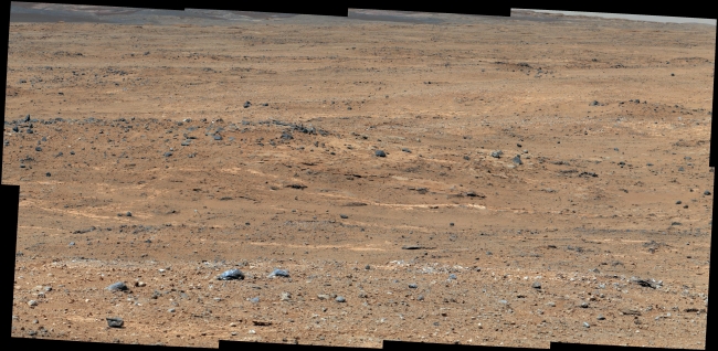 'Darwin' Outcrop at 'Waypoint 1' of Curiosity's trek to Mount Sharp, Figure 1 Click on the image for larger version An outcrop visible as light-toned streaks in the lower center of this image has been chosen as a place for NAS...