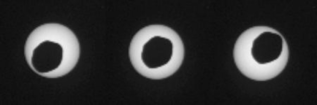 Annular Eclipse of the Sun by Phobos, as Seen by Curiosity, This set of three images shows views three seconds apart as the larger of Mars' two moons, Phobos, passed directly in front of the sun as seen by NASA's Mars...