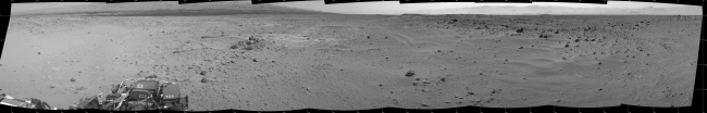 View Ahead After Curiosity's Sol 376 Drive Using Autonomous Navigation, This mosaic of images from the Navigation Camera (Navcam) on NASA's Mars rover Curiosity shows the scene from the rover's position on the 376th Martian day, ...