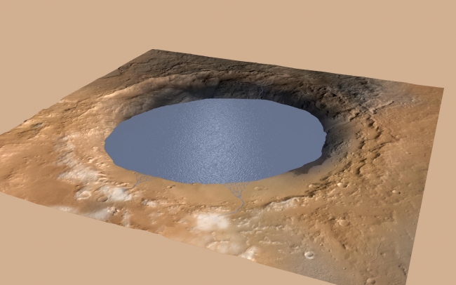 Simulated View of Gale Crater Lake on Mars, This illustration depicts a lake of water partially filling Mars' Gale Crater, receiving runoff from snow melting on the crater's northern rim. Evidence of a...