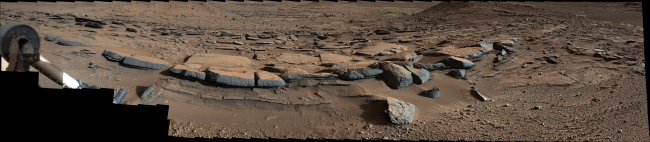 Bedding Pattern Interpreted as Martian Delta Deposition, Figure 1 Click on the image for larger version This view from the Mast Camera (Mastcam) on NASA's Curiosity Mars rover looks southward at the Kimberley waypo...