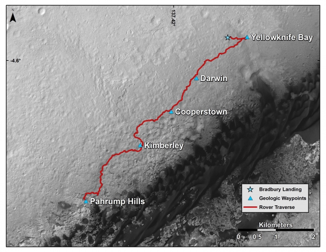 Curiosity Mars Rover's Route from Landing to Base of Mount Sharp, This map shows the route driven by NASA's Curiosity Mars rover from the location where it landed in August 2012 to the "Pahrump Hills" outcrop, which is part...