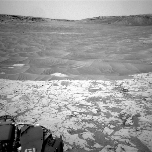 Ripples Beside 'Pahrump Hills' Outcrop at Base of Mount Sharp, This northeast-facing view from the lower edge of the pale "Pahrump Hills" outcrop at the base of Mount Sharp includes wind-sculpted ripples of sand and dust...
