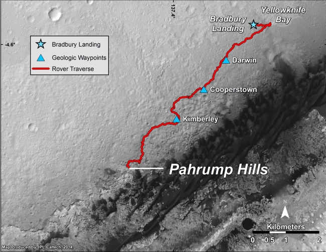 Curiosity Mars Rover's Route from Landing to 'Pahrump Hills', This map shows the route driven by NASA's Curiosity Mars rover from the "Bradbury Landing" location where it landed in August 2012 to the "Pahrump Hills" out...