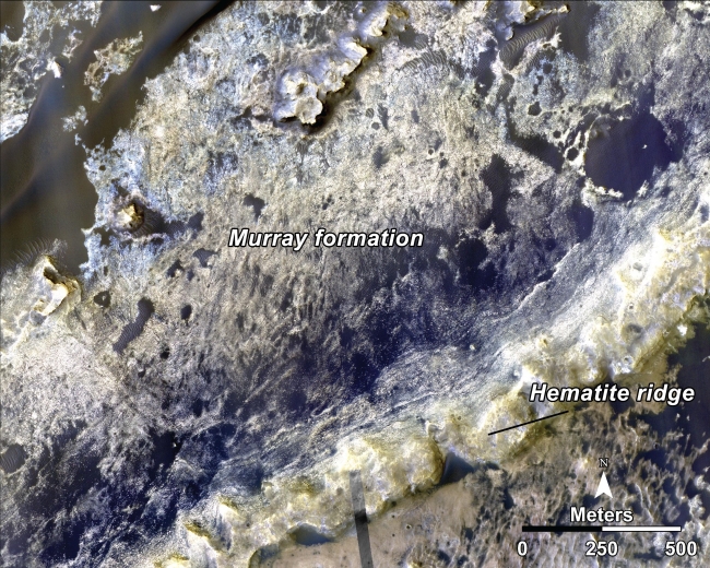 Geological Transition, This image, taken with the High Resolution Imaging Science Experiment (HiRISE) camera, shows the transition between the "Murray Formation," in which layers a...