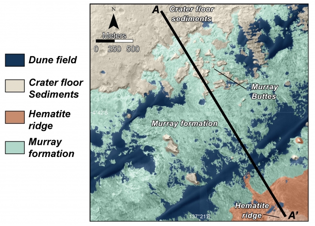 Map of Lower Mount Sharp, This is a map of lower Mount Sharp on Mars, showing the major geologic units identified from orbit. The rocks of the "Murray Formation," mapped in green, lik...