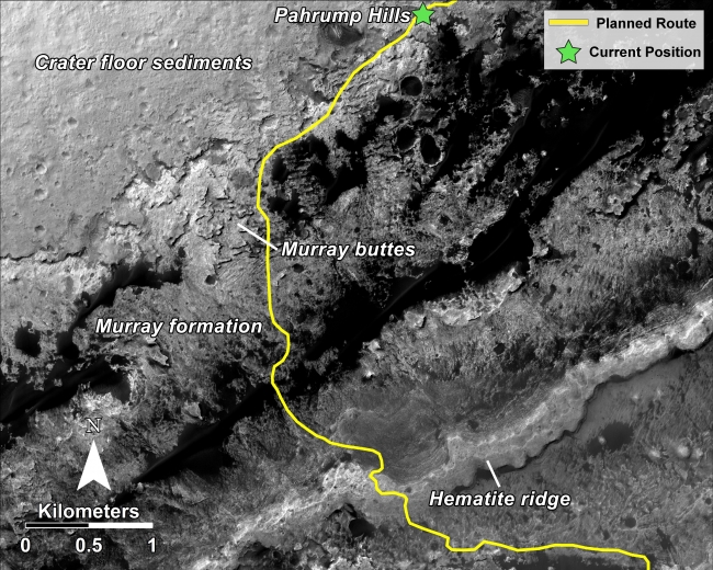 Curiosity Rover Planned Route, This mosaic, taken with the High Resolution Imaging Science Experiment (HiRISE) camera on NASA's Mars Reconnaissance Orbiter, shows the planned route (in yel...