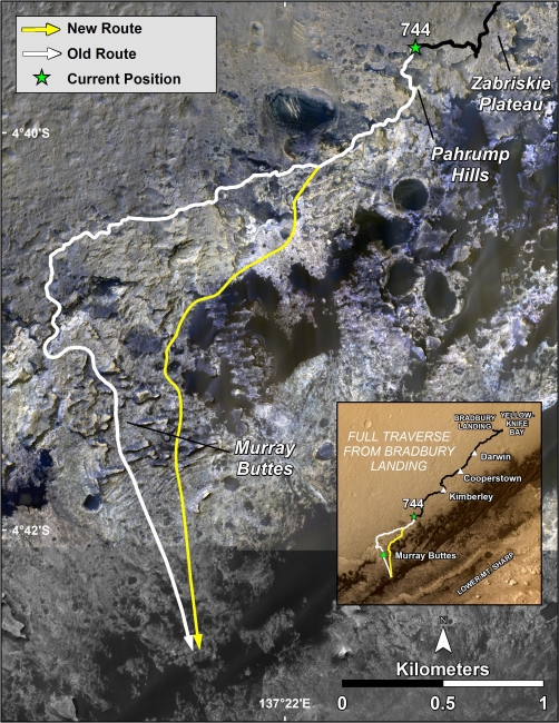 Curiosity's Next Steps, The route of NASA's Mars Curiosity rover up the slopes of Mount Sharp on Mars is indicated in yellow in this false-color image. The rover's current position ...