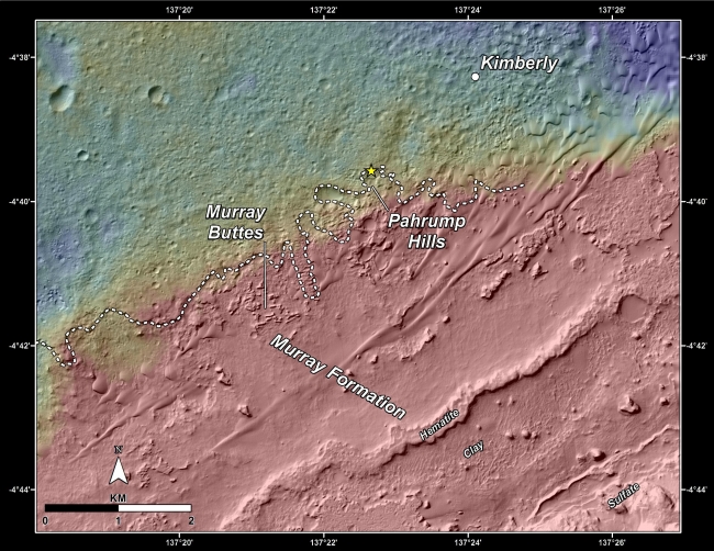 Slopes of Mount Sharp, This topography map shows a portion of the Gale Crater region on Mars, where NASA's Mars Curiosity rover landed on August 6, 2012. The rover (marked with a s...
