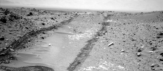 Looking Up the Ramp Holding 'Bonanza King' on Mars, In this image from NASA's Curiosity Mars rover looking up the ramp at the northeastern end of "Hidden Valley," a pale outcrop including drilling target "Bona...