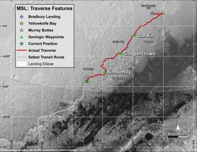 Curiosity Rover's Traverse, First 663 Sols on Mars, This map shows in red the route driven by NASA's Curiosity Mars rover from the "Bradbury Landing" location where it touched down in August 2012 (blue star at...