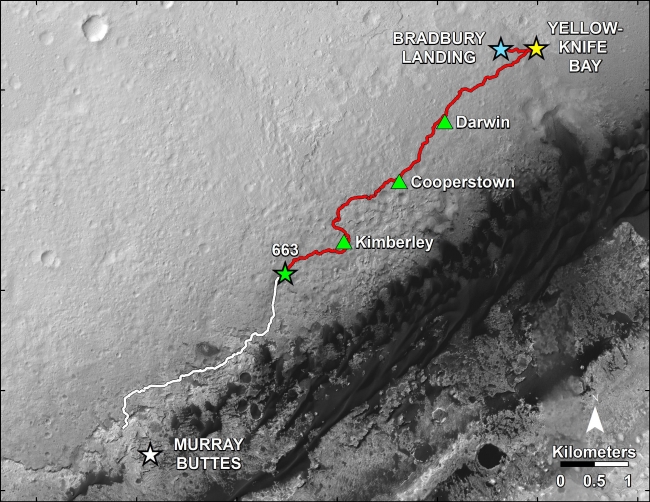 Curiosity's Progress on Route to Mount Sharp, This map shows in red the route driven by NASA's Curiosity Mars rover from the "Bradbury Landing" location where it landed in August 2012 (blue star at upper...