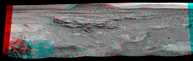 Stereo View of 'Mount Remarkable' and Surrounding Outcrops at Mars Rover's Waypoint, NASA's Curiosity Mars rover used its Navigation Camera (Navcam) to record this stereo scene of a butte called "Mount Remarkable" and surrounding outcrops at ...