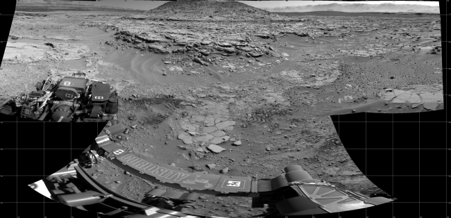 'Mount Remarkable' and Surrounding Outcrops at Mars Rover's Waypoint, NASA's Curiosity Mars rover used its Navigation Camera (Navcam) to record this scene of a butte called "Mount Remarkable" and surrounding outcrops at a waypo...