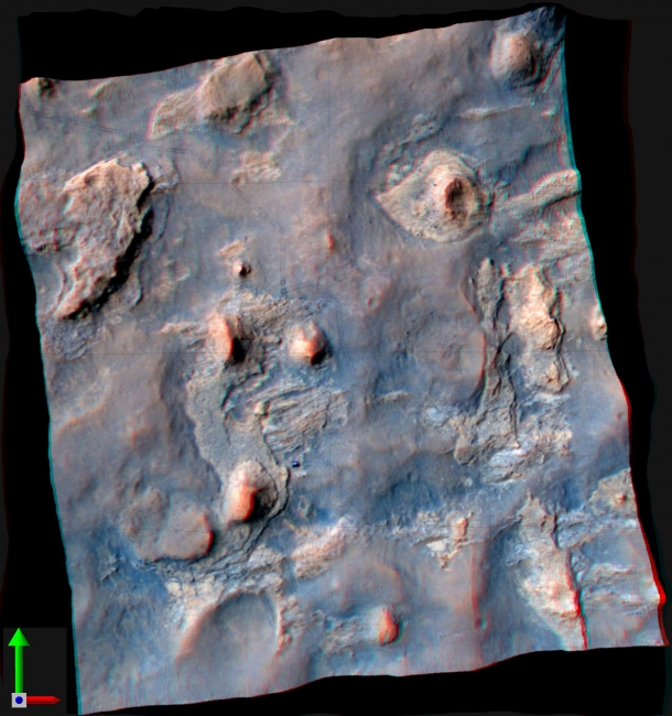 Stereo View of Curiosity and Rover Tracks at 'the Kimberley,' April 2014, NASA's Curiosity Mars rover and tracks from its driving are visible in this view combining information from three observations by the High Resolution Imaging...