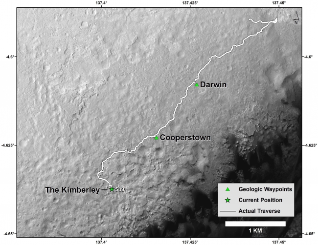 Curiosity Mars Rover's Route from Landing to 'The Kimberley' Waypoint, This map shows the route driven by NASA's Curiosity Mars rover from the "Bradbury Landing" location where it landed in August 2012 (the start of the line in ...