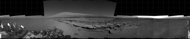 Panorama With Sandstone Outcrop Near 'The Kimberley' Waypoint, This 360-degree panorama from NASA's Curiosity Mars rover is centered southward toward a planned science waypoint at "the Kimberley," with an outcrop of erod...