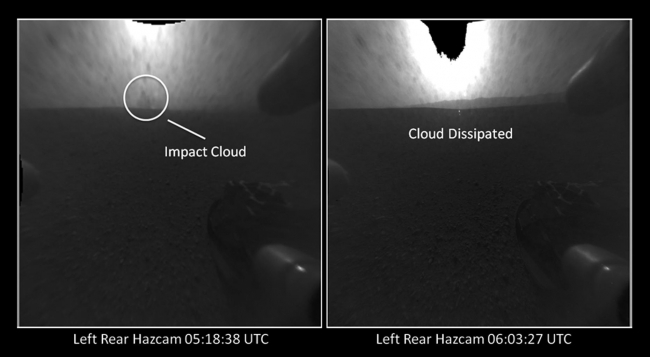 Witnessing the Descent Stage Crash?,  The distant blob seen in the view on left, taken by a Hazard-Avoidance camera on NASA's Curiosity rover, may be a cloud created during the crash of the rove...