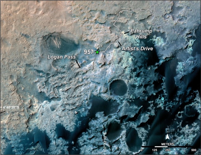 Curiosity's Position After 10 Kilometers, A green star marks the location of NASA's Curiosity Mars rover after a drive on the mission's 957th Martian day, or sol, (April 16, 2015). The map covers an ...