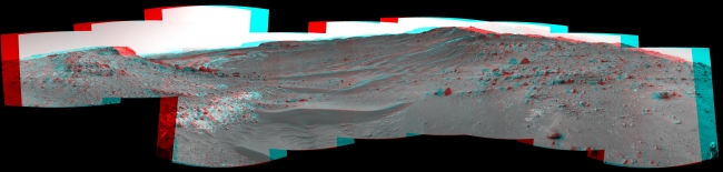 Curiosity View Ahead Through 'Artist's Drive' (Stereo), This stereo view from the Navigation Camera (Navcam) on NASA's Curiosity Mars rover shows the terrain ahead of the rover as it makes its way westward through...