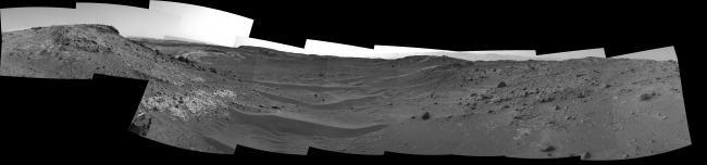 Curiosity View Ahead Through 'Artist's Drive', This view from the Navigation Camera (Navcam) on NASA's Curiosity Mars rover shows the terrain ahead of the rover as it makes its way westward through a vall...