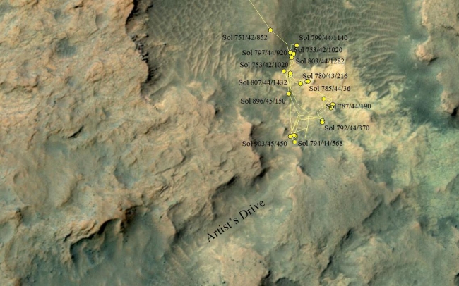 Curiosity Heading Away from 'Pahrump Hills',  This area at the base of Mount Sharp on Mars includes a pale outcrop on the right, "Pahrump Hills," where NASA's Curiosity Mars rover worked for nearly six ...